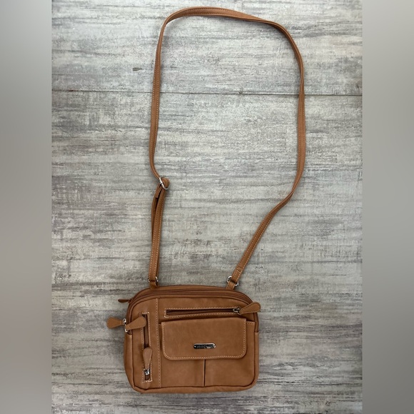 NWOT Multisac Brown Tan Zippy Faux Leather Crossbody Bag - Picture 1 of 11